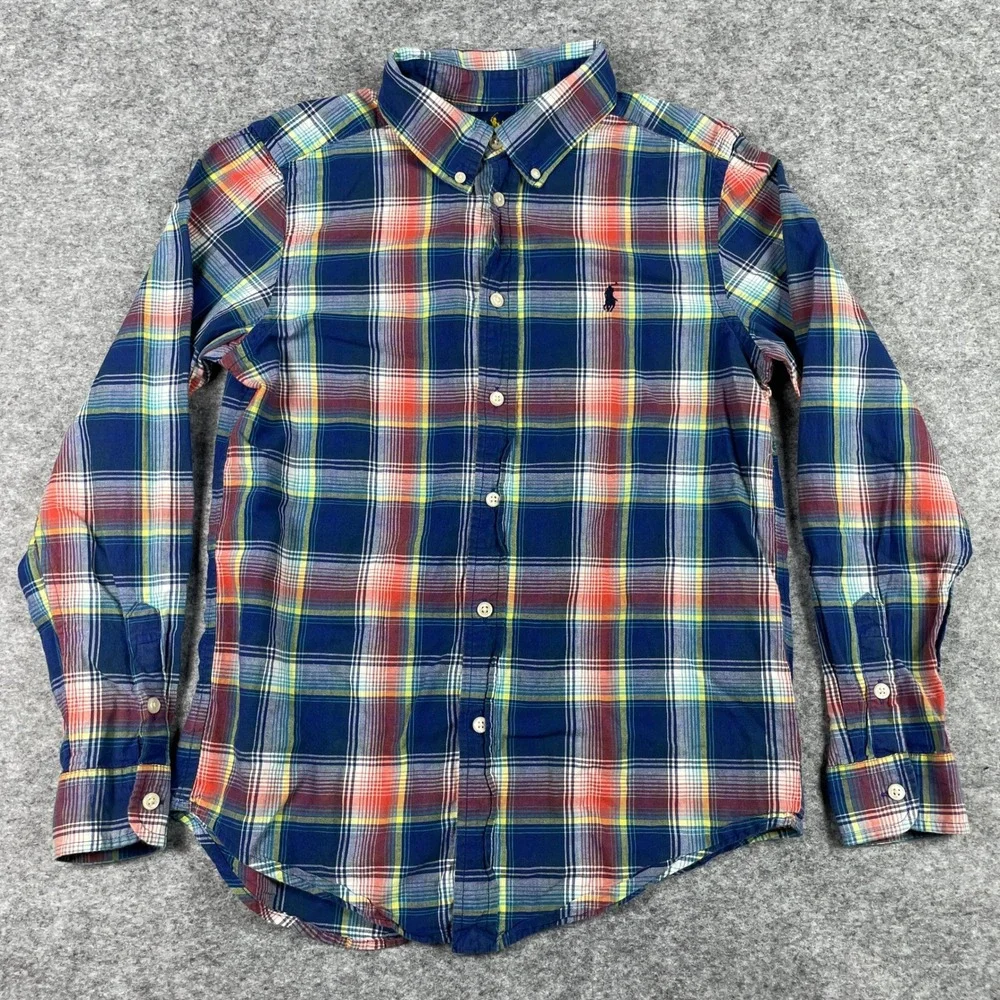 Ralph Lauren Button Down Shirt Boys L (14-16) Blue Plaid Long Sleeve Classic